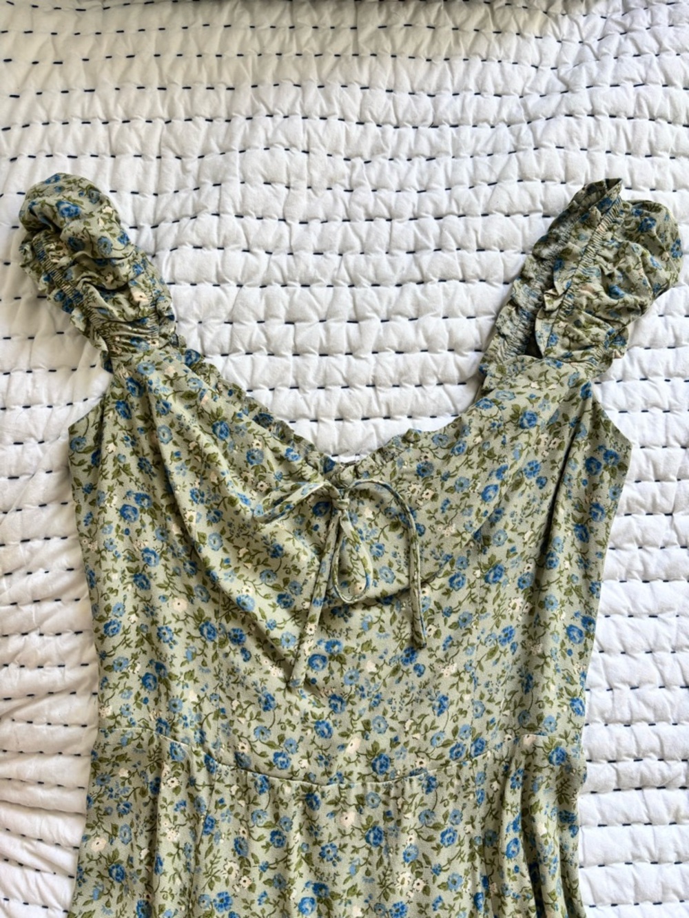 Reformation Sage Green Floral Ruffle Strap Sundress with Blue Blooms